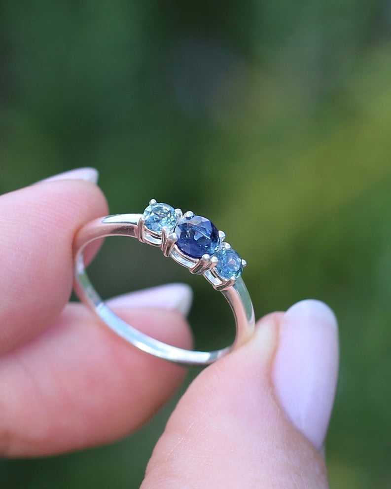 0.85ct Natural Parti Sapphire Trilogy Ring, Sterling Silver, size Q or 8.25, 1.98g
