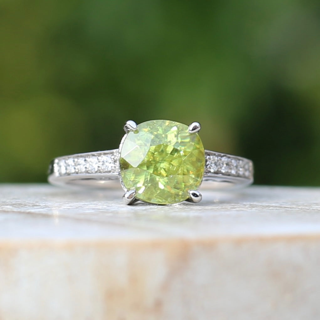 4.11ct Green Zircon and Diamond Ring, 14ct White Gold, size N1/2 or 7, with valuation