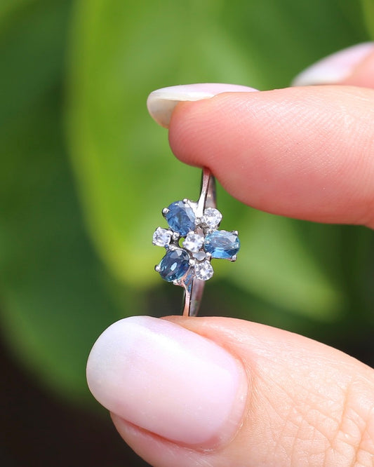 Vintage Parti Sapphire and White Quartz Cluster Ring, 9ct White Gold, size M or just over 6, 1.7g