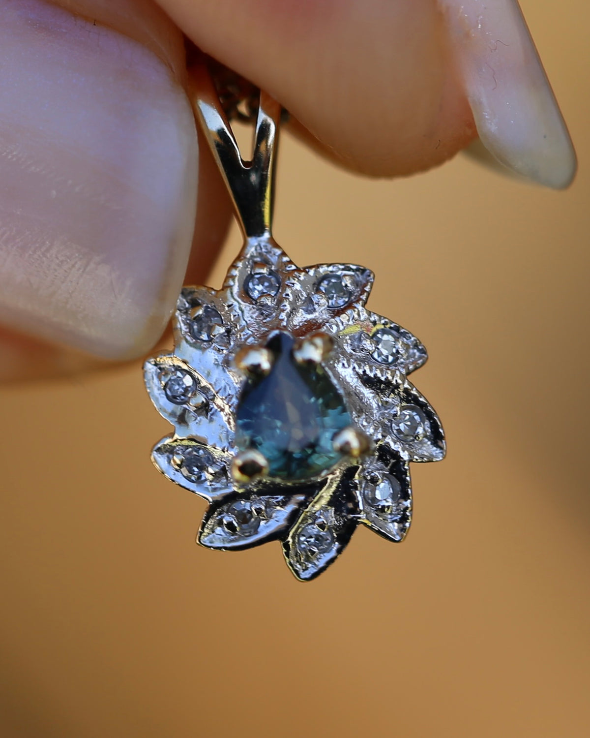 0.3ct Natural Green Parti and Natural Illusion Set Diamond Leaf Halo Pendant, 9ct Yellow Gold, 0.72g