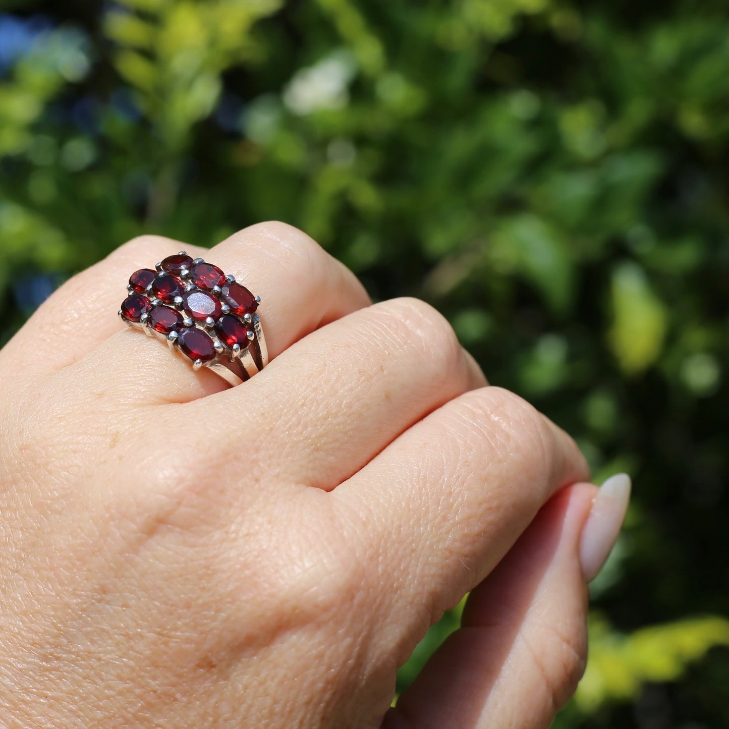 10 x Garnet Multi Stone East West Set Ring, Sterling Silver, size M1/2 or 6.5