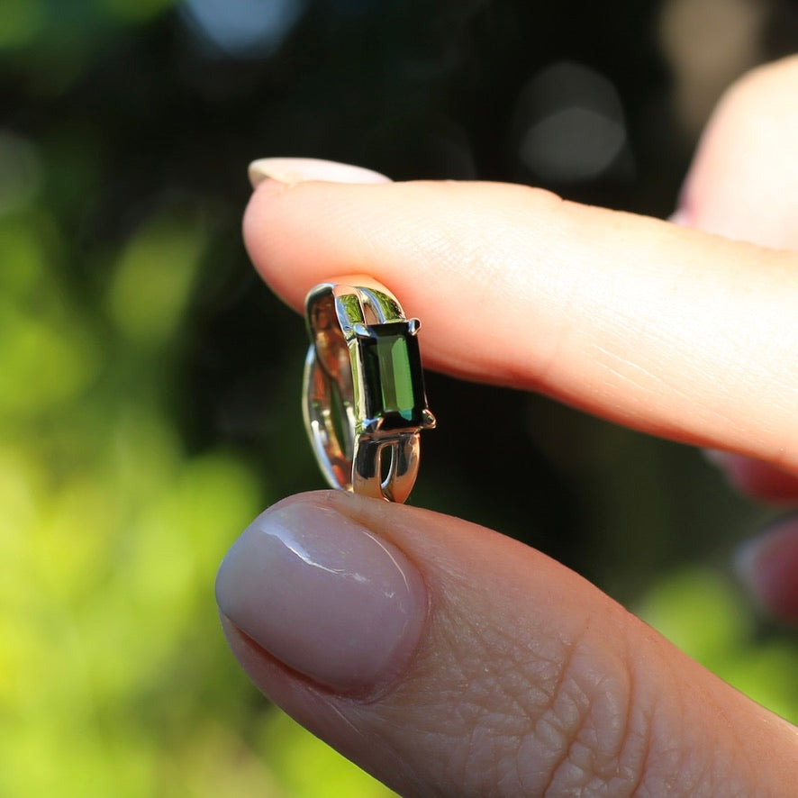 East West Set Emerald Cut Dark Green Natural Tourmaline Ring, 9ct Yellow Gold, size L or 5.75