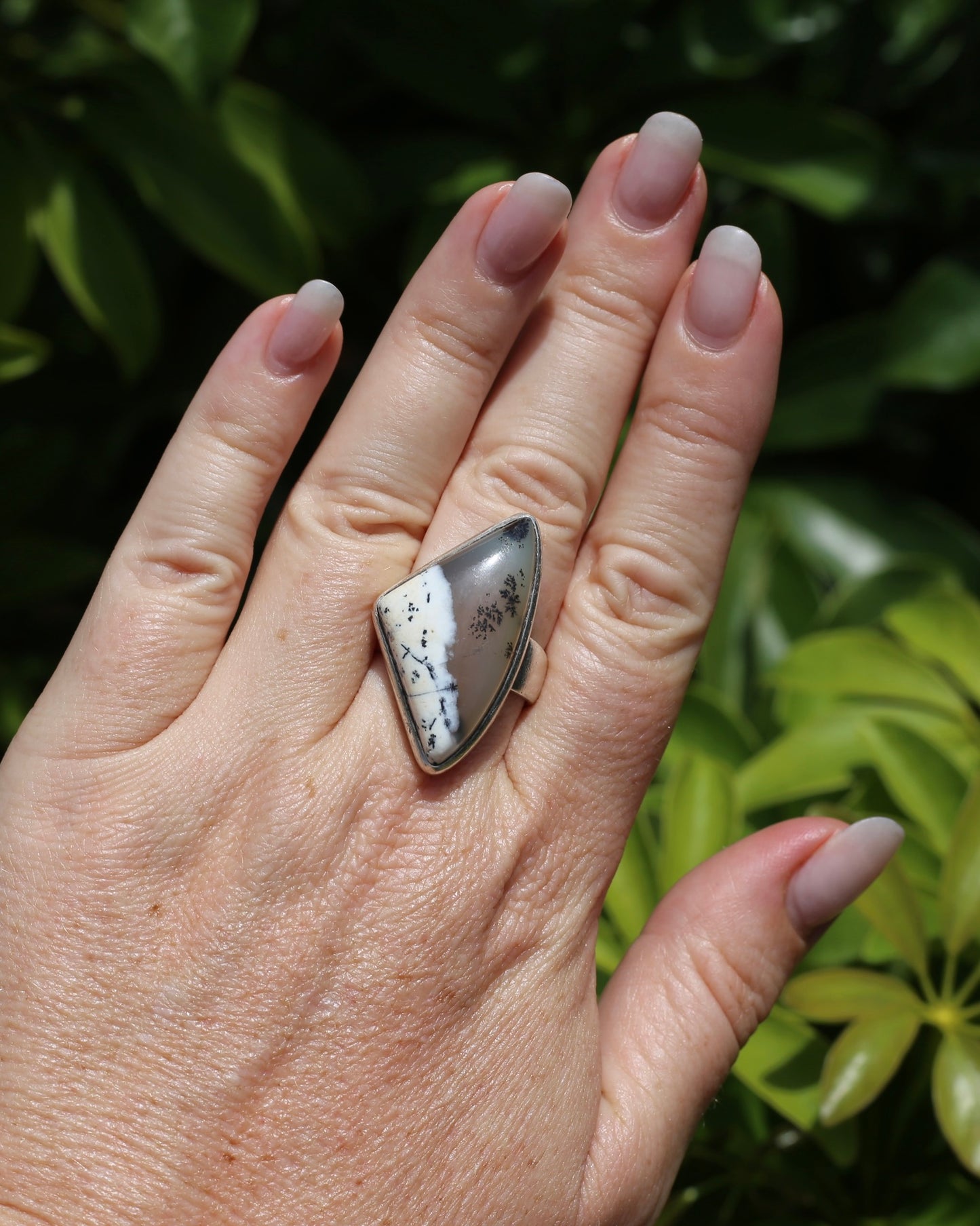 Freeform Dendritic Agate Bezel Set Ring, size T1/2 or 9.75, 14.7g