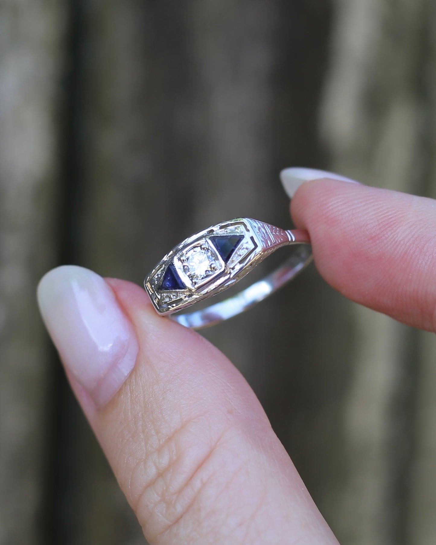 Art Deco Diamond and Sapphire Trilogy in Raised Handmade Engraved Floral Setting, 14ct White Gold, size U or 10 - offering free resize down to 7 or O, with valuation