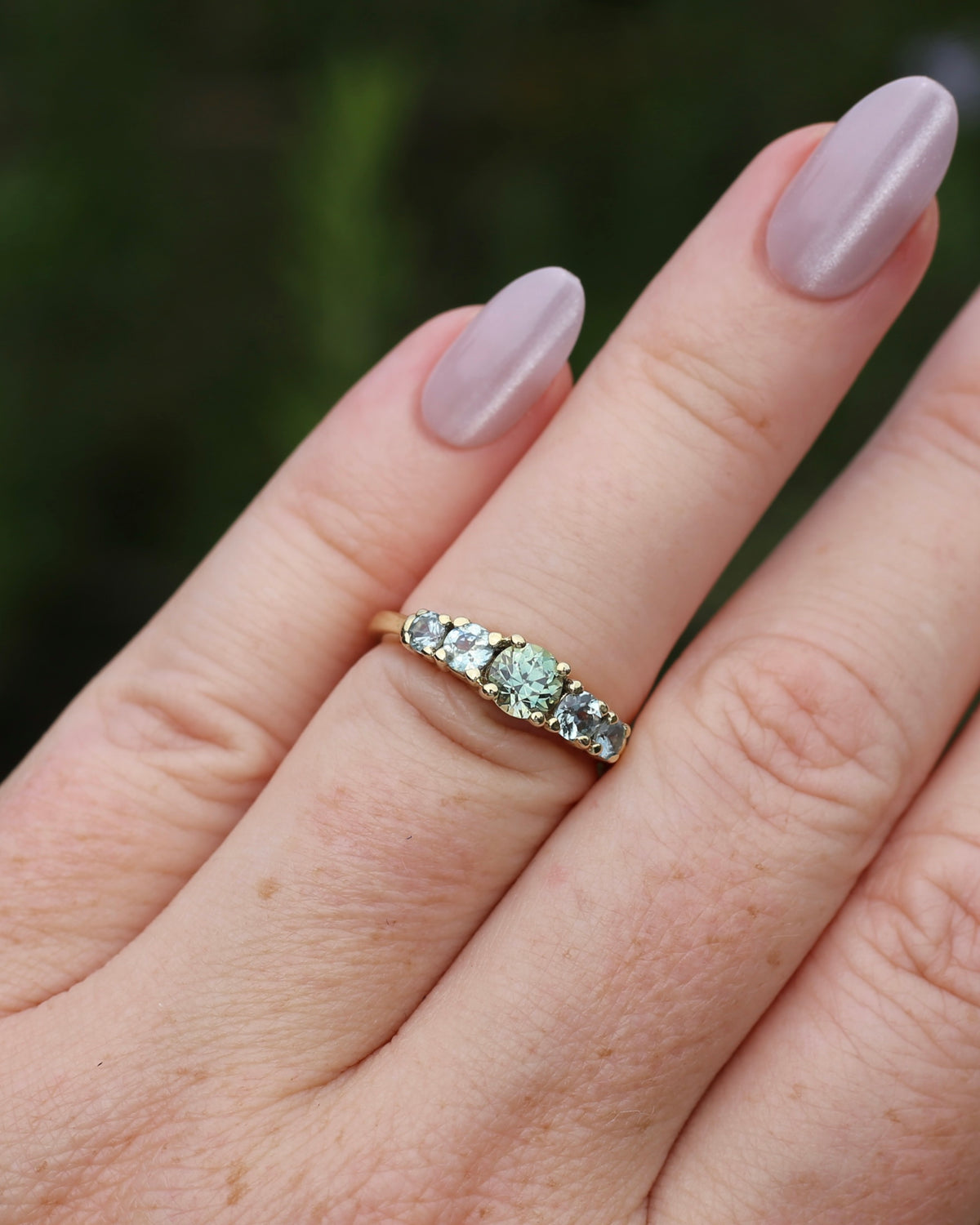 1.35ct Blue Green Natural Five Stone Sapphire Ring, 9ct Yellow Gold, size 6.5 or just over M1/2, 2.91g