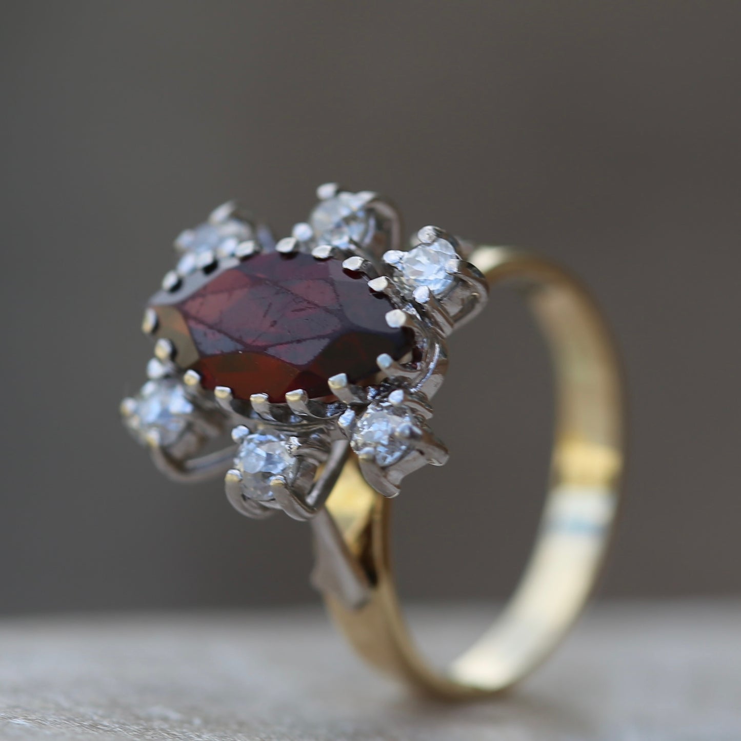 Viking feel Marquise Garnet With 6 Transitional Cut Diamonds, 18ct White and Yellow Gold, size N1/2 or 7