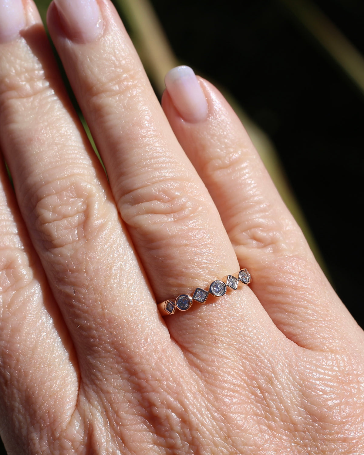 0.25ct 7 Stone Natural Diamond Bezel Set Round and Geometric Rose Gold Stacker, 10ct Rose Gold, size O or 7.25