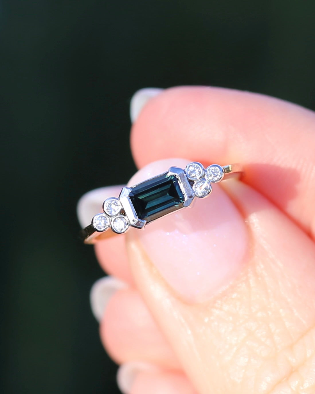 Vintage East West Set Natural Sapphire and Diamond Ring, 18ct Yellow and White Gold, size O or 7.25, 3.36g, with valuation
