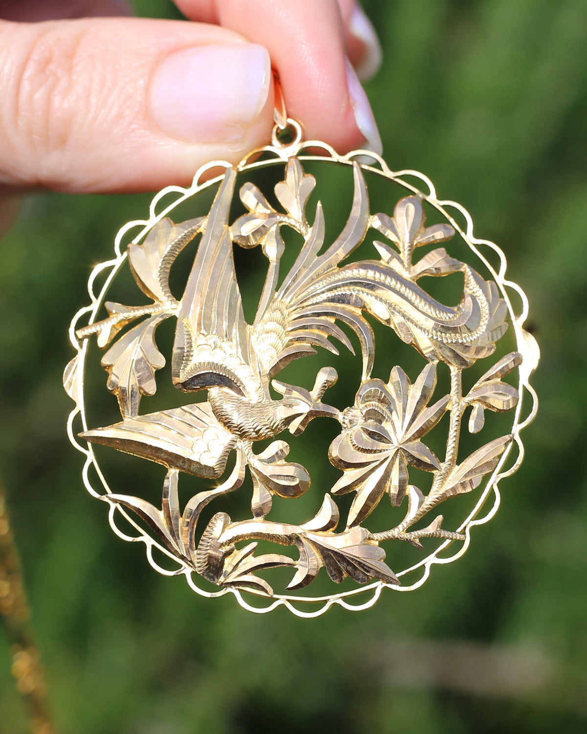 Vintage Chinese Fenghuang (Chinese Phoenix) and Floral Openwork Pendant and Chain, 22ct Gold, 24.34g combined
