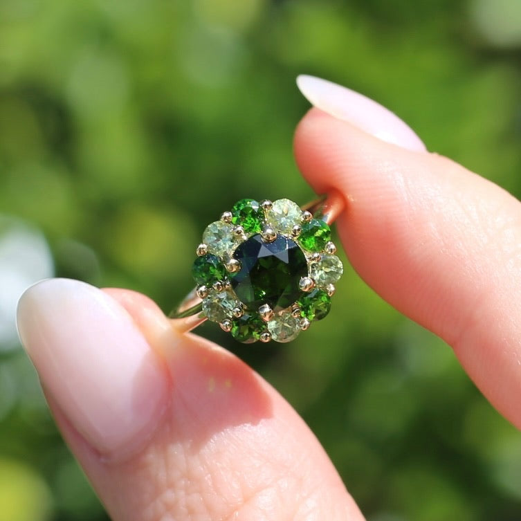 Chrome Diopside and Green Garnet Daisy Cluster Ring, 9ct Yellow Gold, size N1/2 or 7