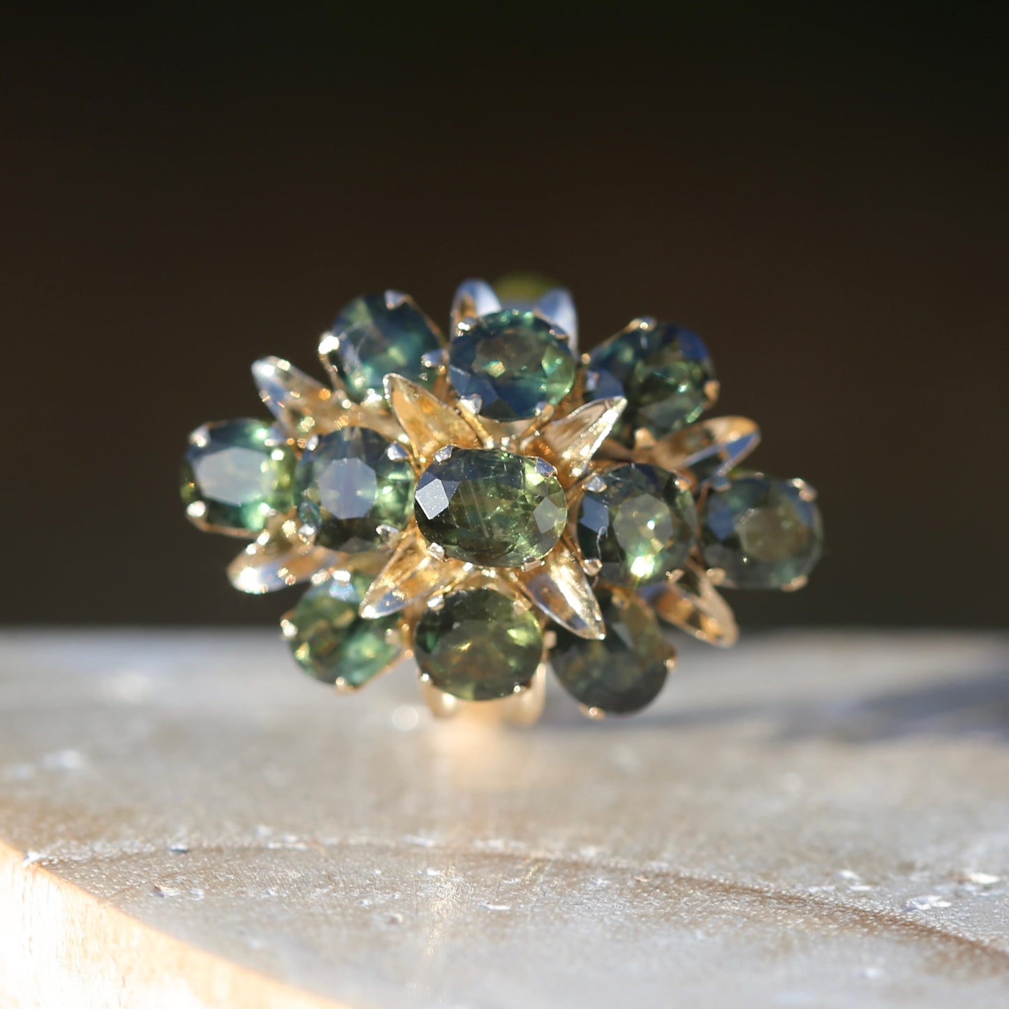 Brutalist Natural Green Sapphire Retro Ring, 14ct Yellow Gold, size 8 or Q