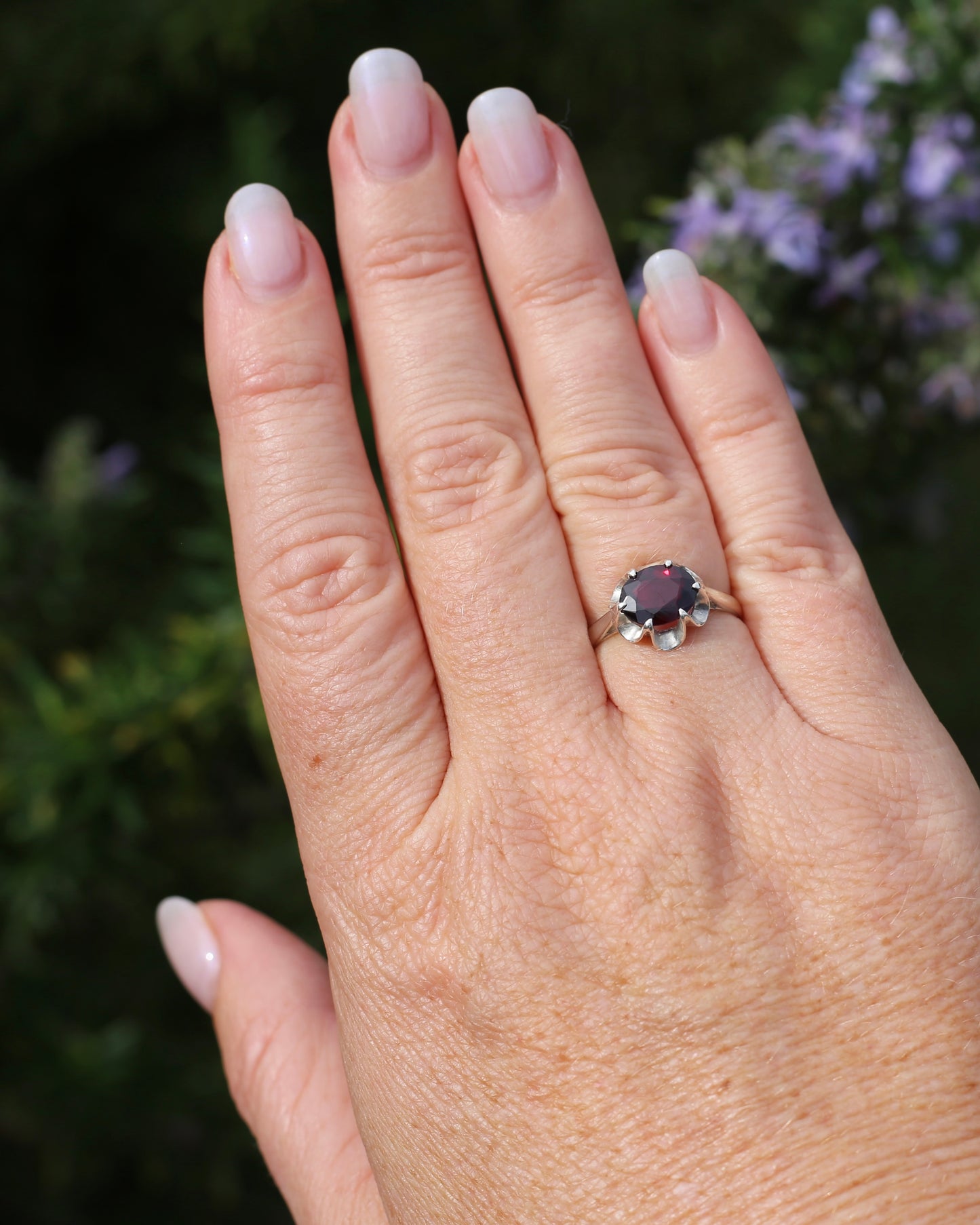 On HOLD Vintique Rhodolite Garnet Belcher Ring, Sterling Silver, size O1/2 or 7.5, 2.44g