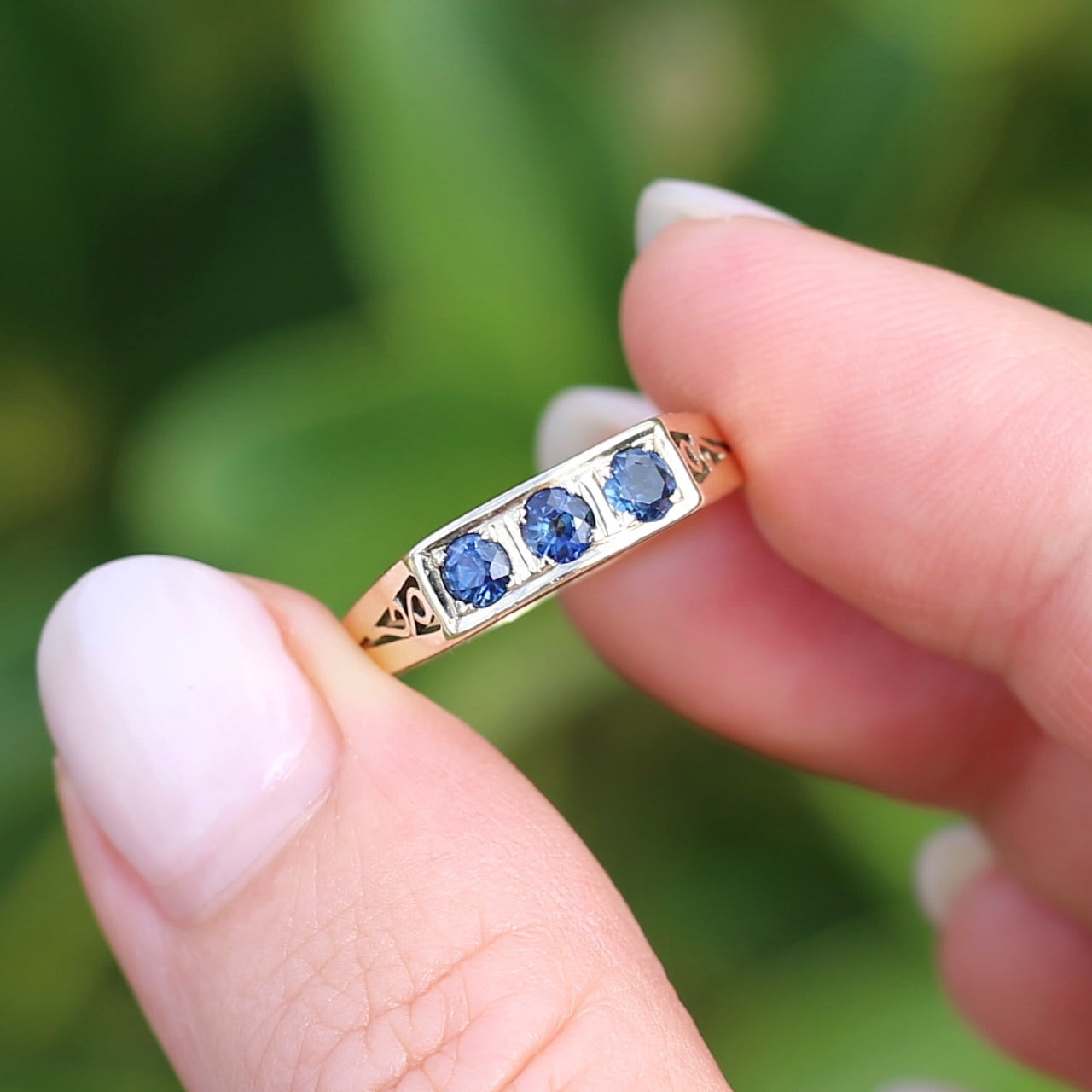 Natural Sapphire Trilogy, Swirl Shouders and Under gallery, 14ct Yellow Gold, size P or 7.5