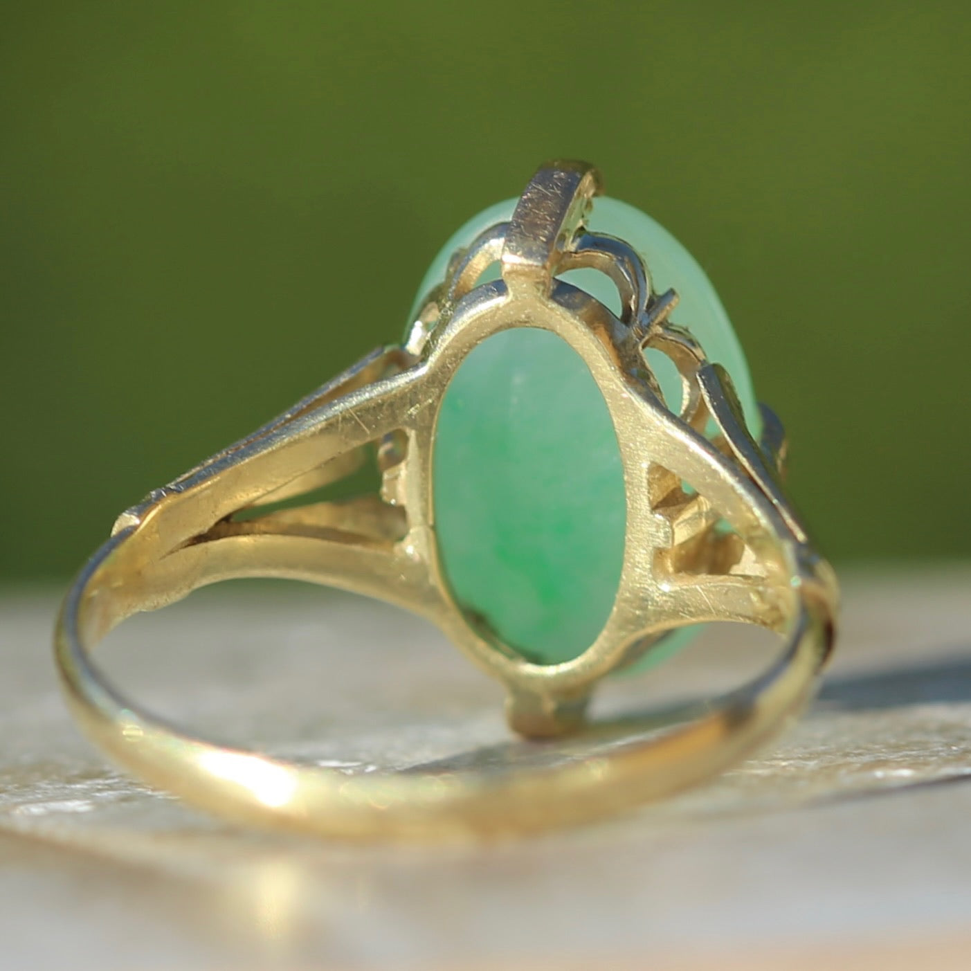 Apple Green Oval Jade Cabochon, 14ct Yellow Gold Claws with Fab Shoulders, size 5.5 or K1/2