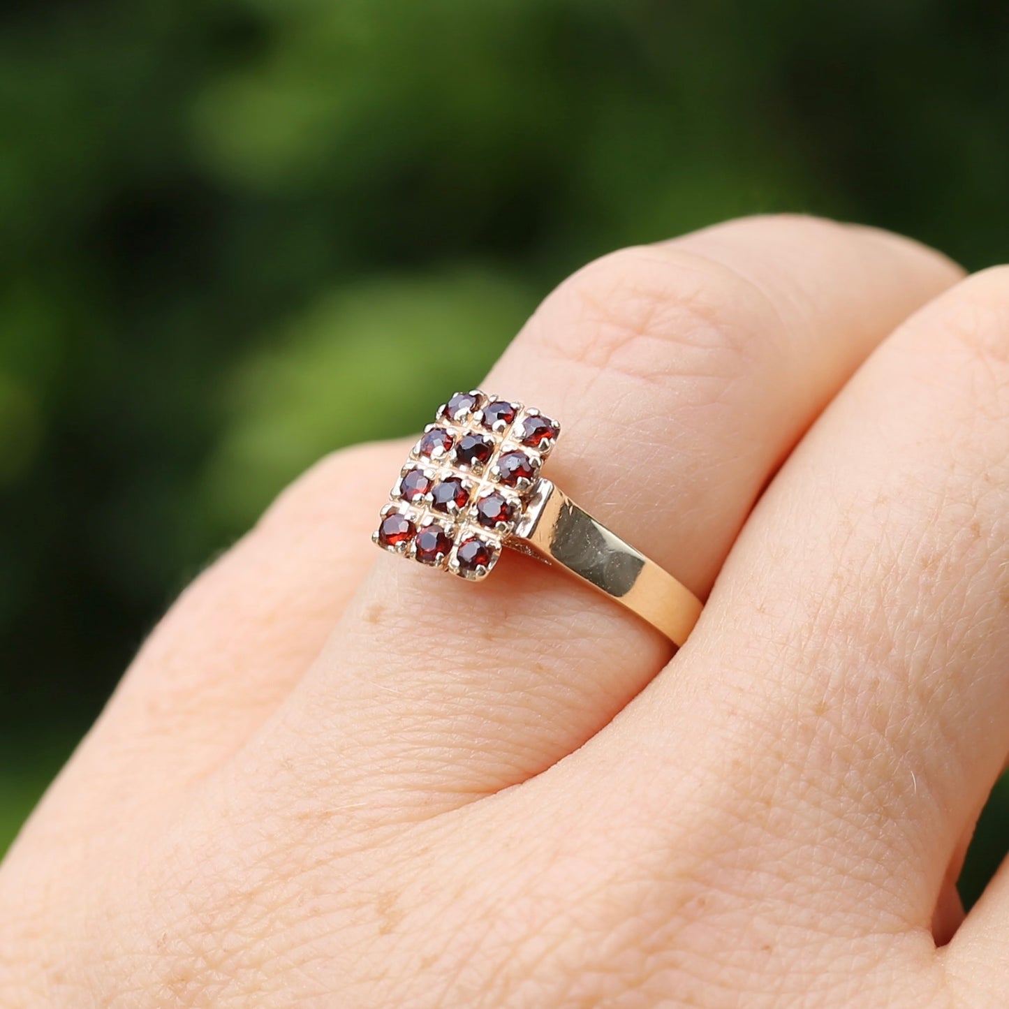 Old Cut 12 Stone Garnet Checkerboard Ring, size P or 7.75