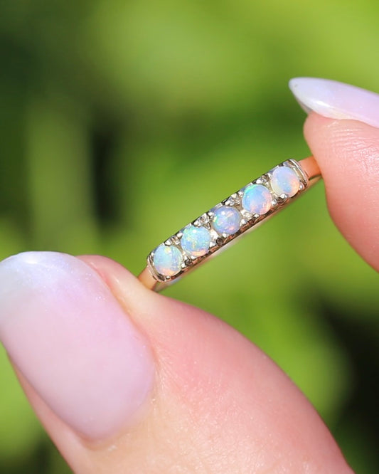 Dainty 5 Stone Vintage Opal Stacker, 9ct Yellow Gold, size 7 or just over N1/2, 1.57g