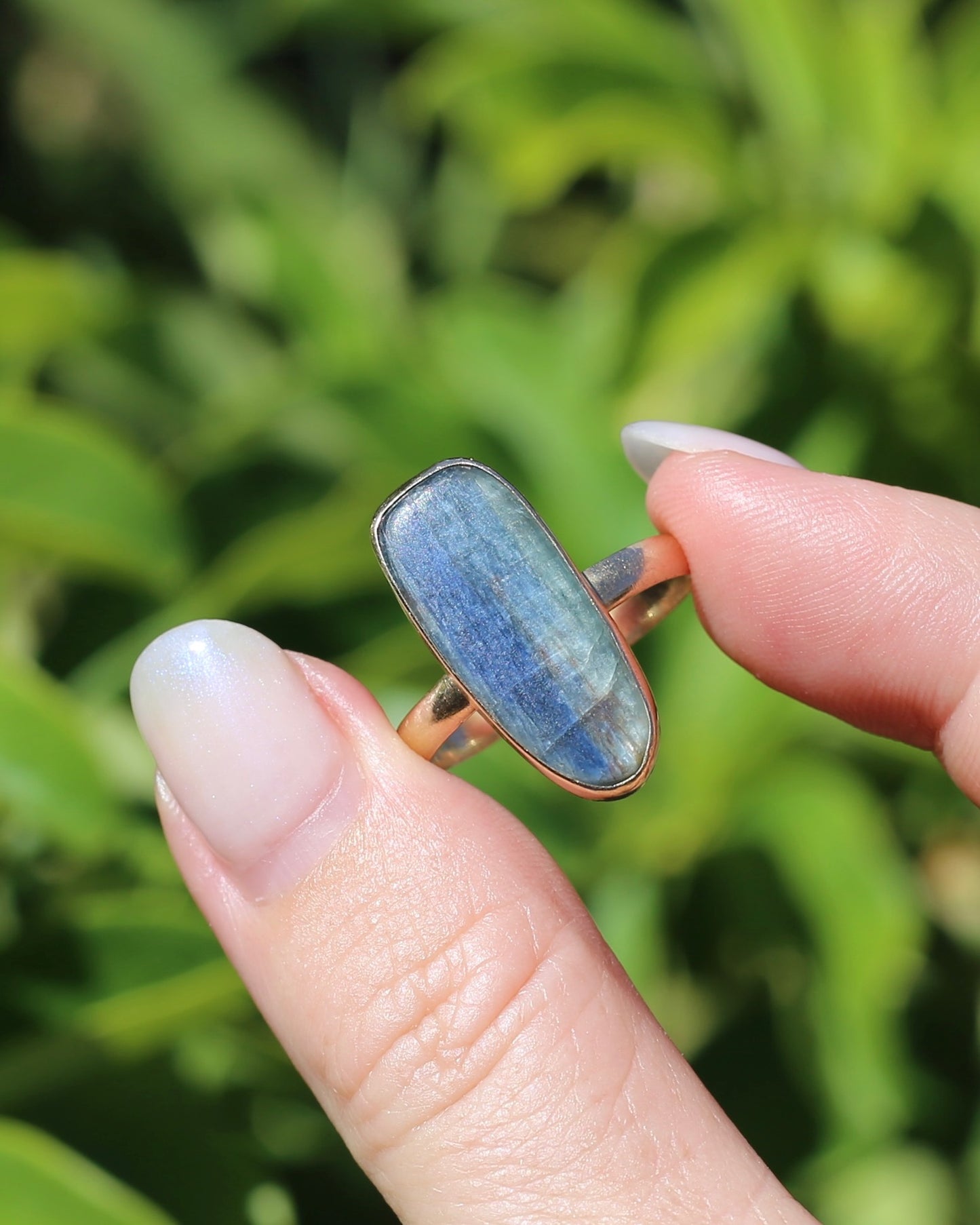 Rustic Freeform Labradorite Cabochon in Bezel Setting, 9ct Yellow Gold, size X1/2 or 11.75