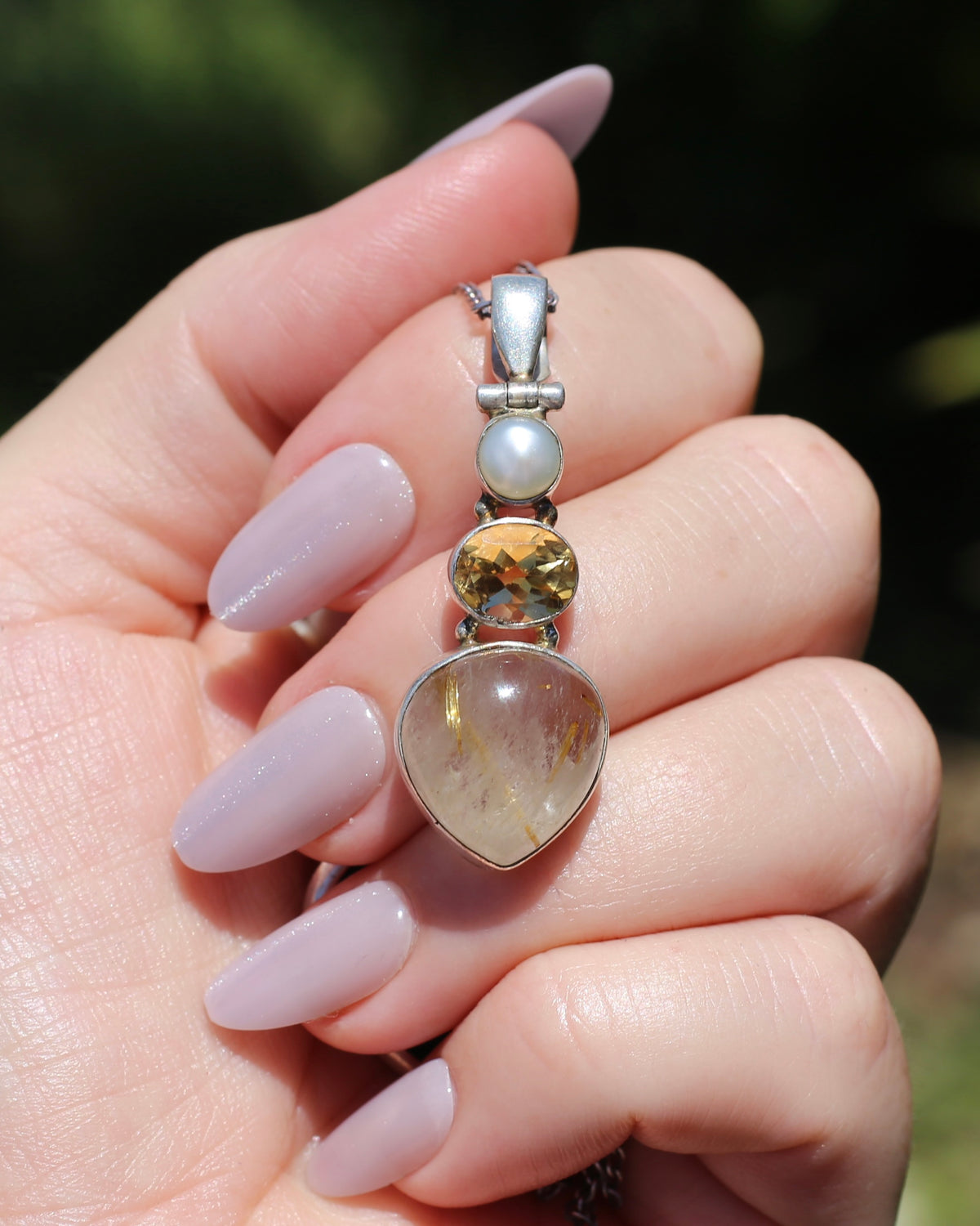 Freshwater Pearl, Citrine and Rutilated Quartz Cabochon Pendant, Sterling Silver, 6.0g