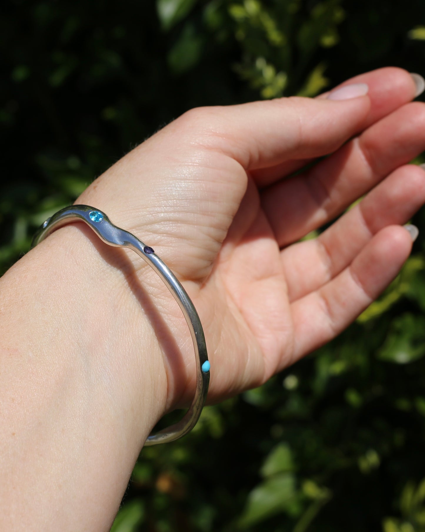 Irregular Handmade Chunky Sterling Silver Bangle with Sapphires and Topaz, 42.6g