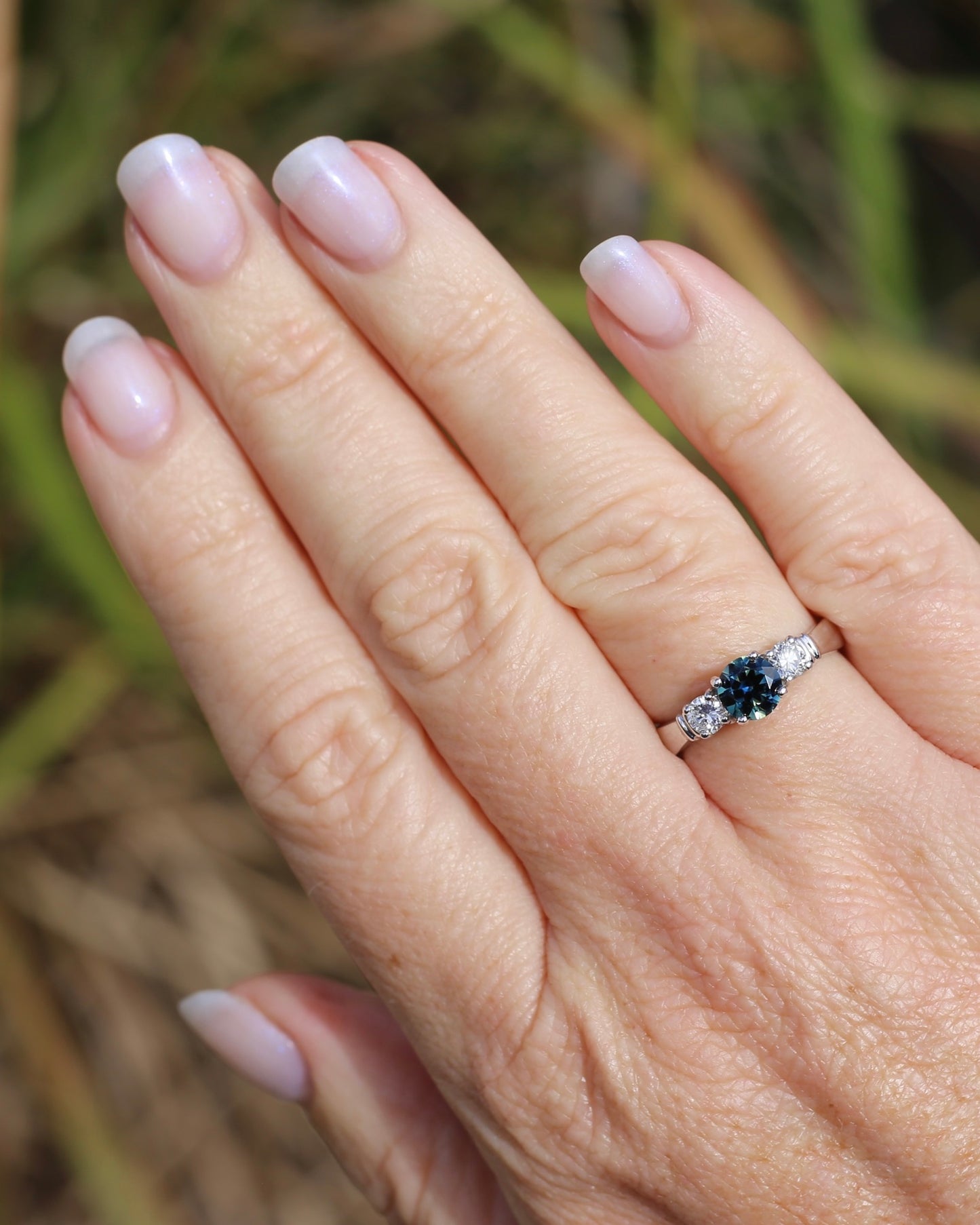 Unheated Eye Clean Parti Sapphire and Natural Diamond Trilogy, 9ct White Gold, size O1/2 or 7.5, 3.01g, with valuation