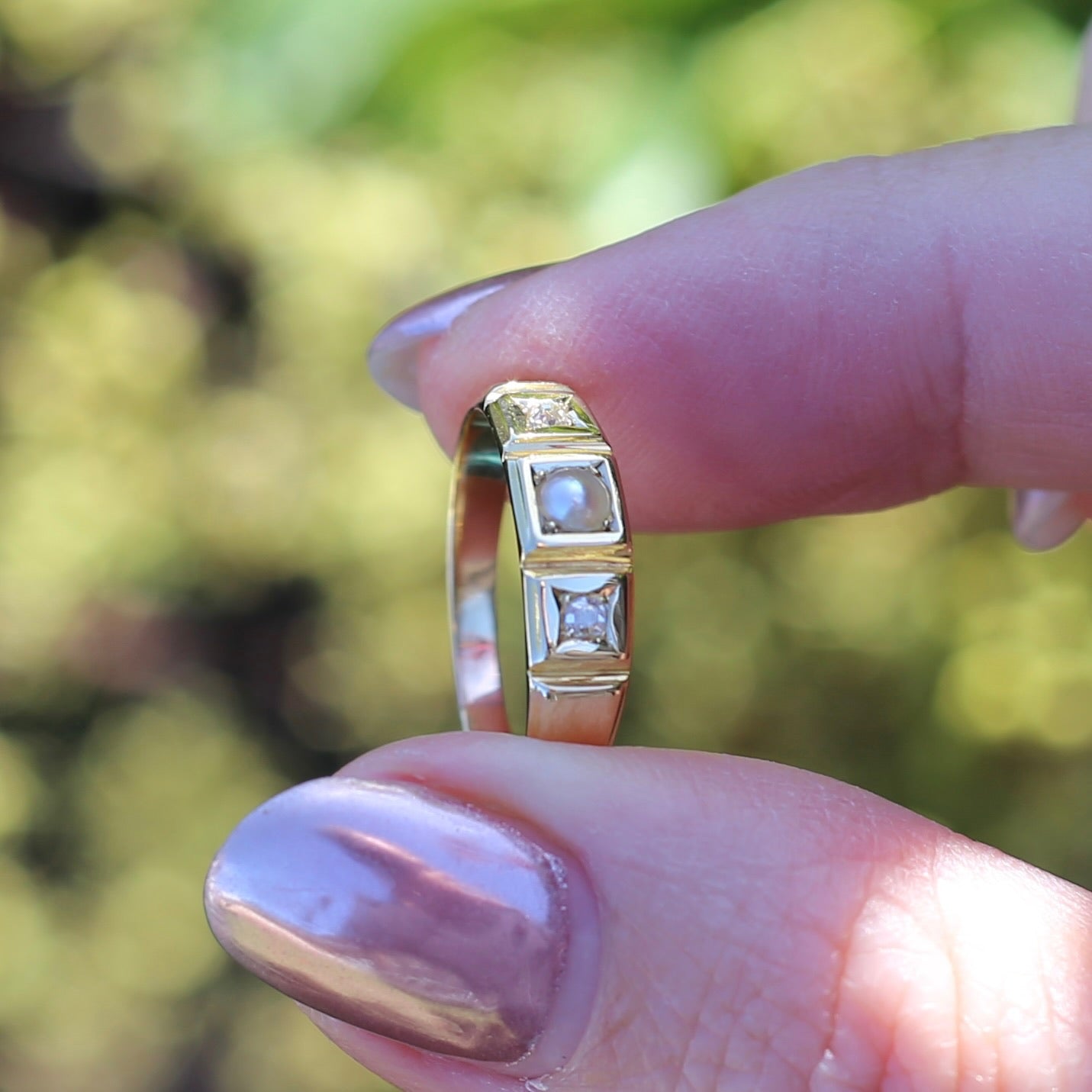 Antique Pearl and Old Cut Diamond Set Trilogy Ring, 18ct Yellow Gold, size N1/2 or 7