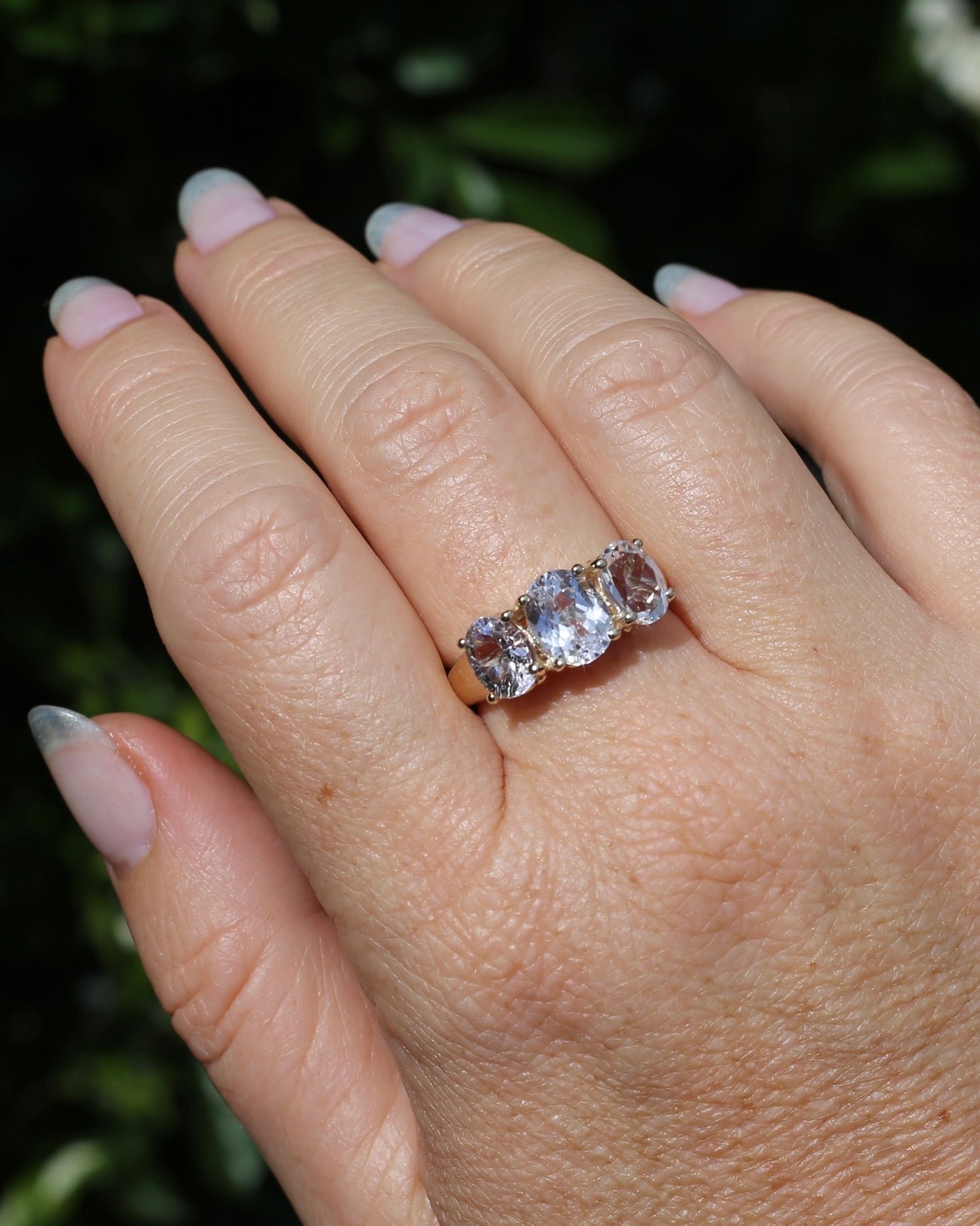 Oval Trilogy Rock Crystal Ring, 9ct Yellow Gold, size Q1/2 or 8.5, 5.59g