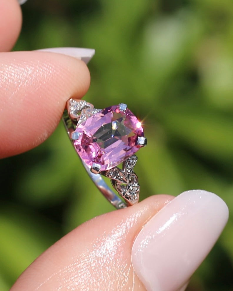 Pale Pink Tourmaline and Old Cut Diamond Shoulder Ring, 18ct White Gold and Platinum, size N or 6.75, 2.63g