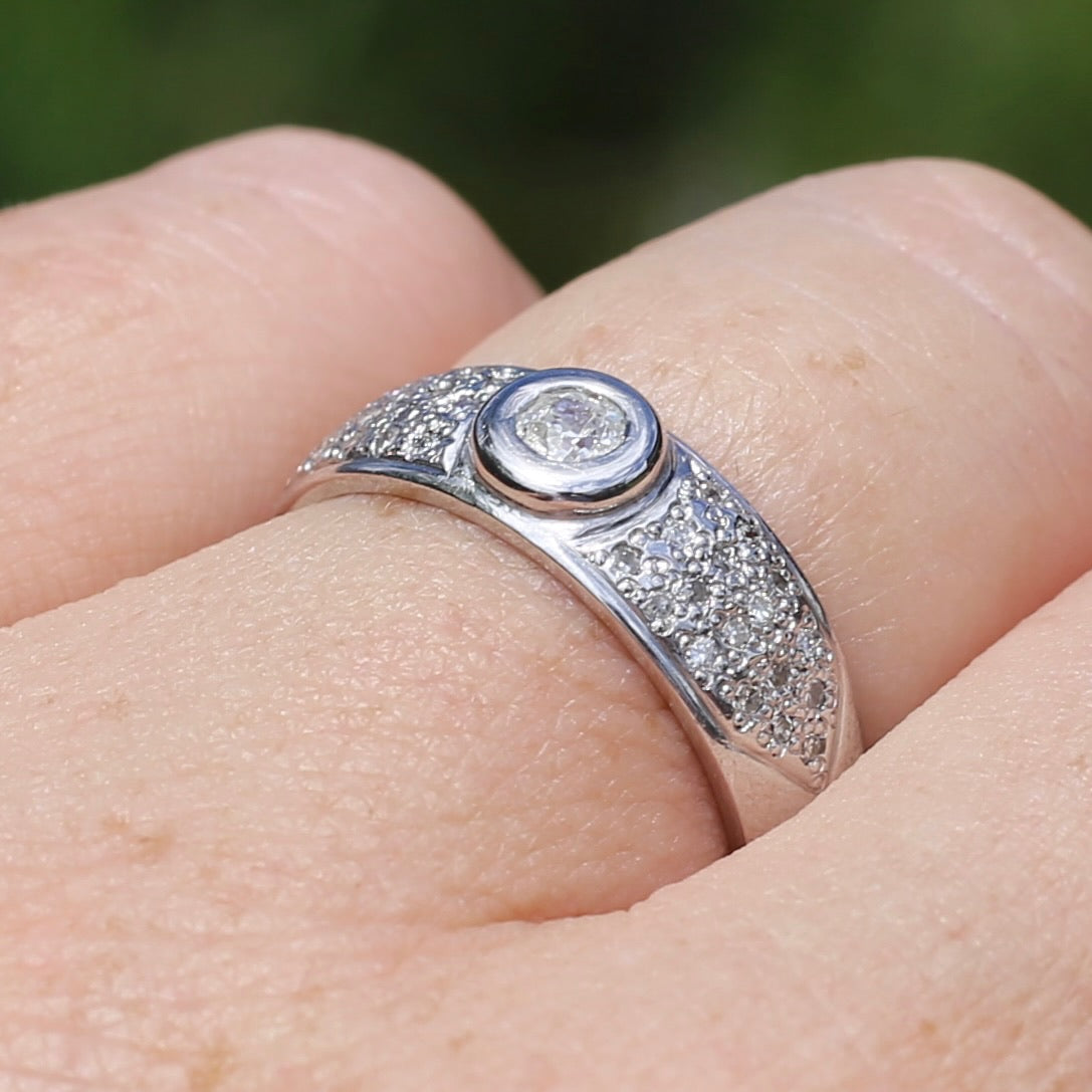 Bezel Set Old European Cut Diamond, in Pavé Setting of Diamonds, Chunky Platinum, size Q or 8 (fits more like an O1/2 - P), with valuation