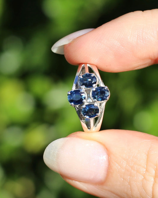 Vintage Blue Sapphire Cluster on Silver Filigree Ring, Sterling Silver, size L or 5.75
