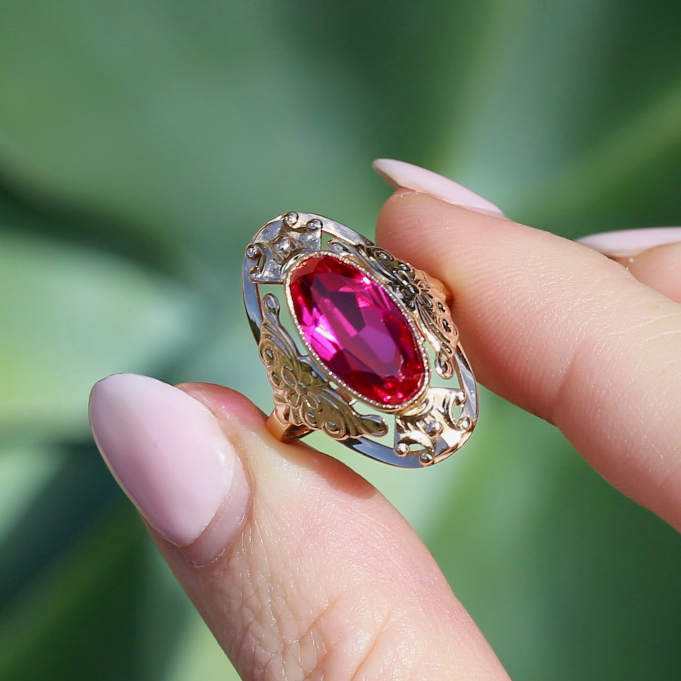 Mid Century Russian Oval Synthetic Ruby in Rosey Gold Floral Setting, 14ct Old Rosey Gold, size N1/2 or 7