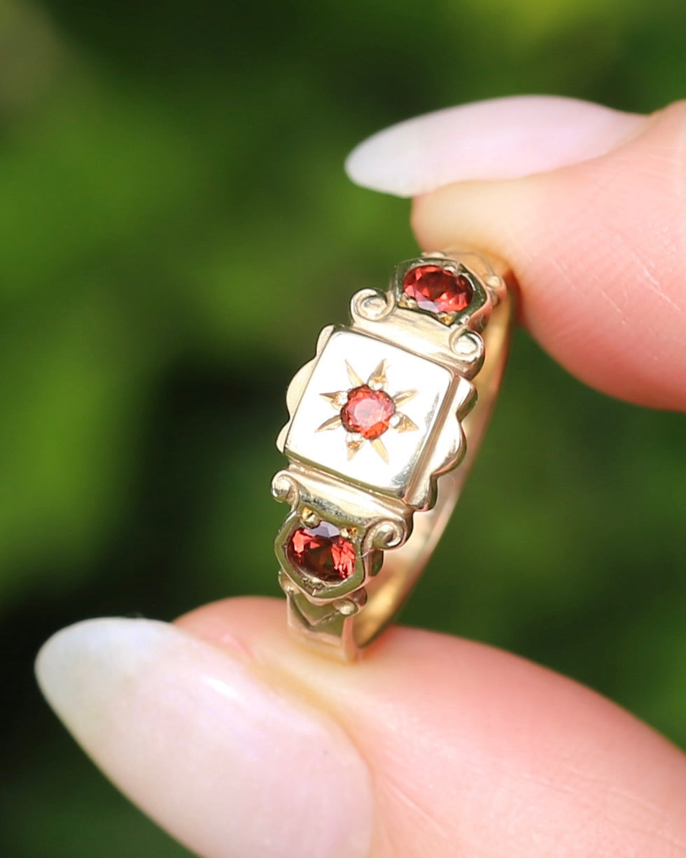 Victorian Revival Garnet Trilogy Star Set Ring, 9ct Yellow Gold, size O1/2 or just over 7.25