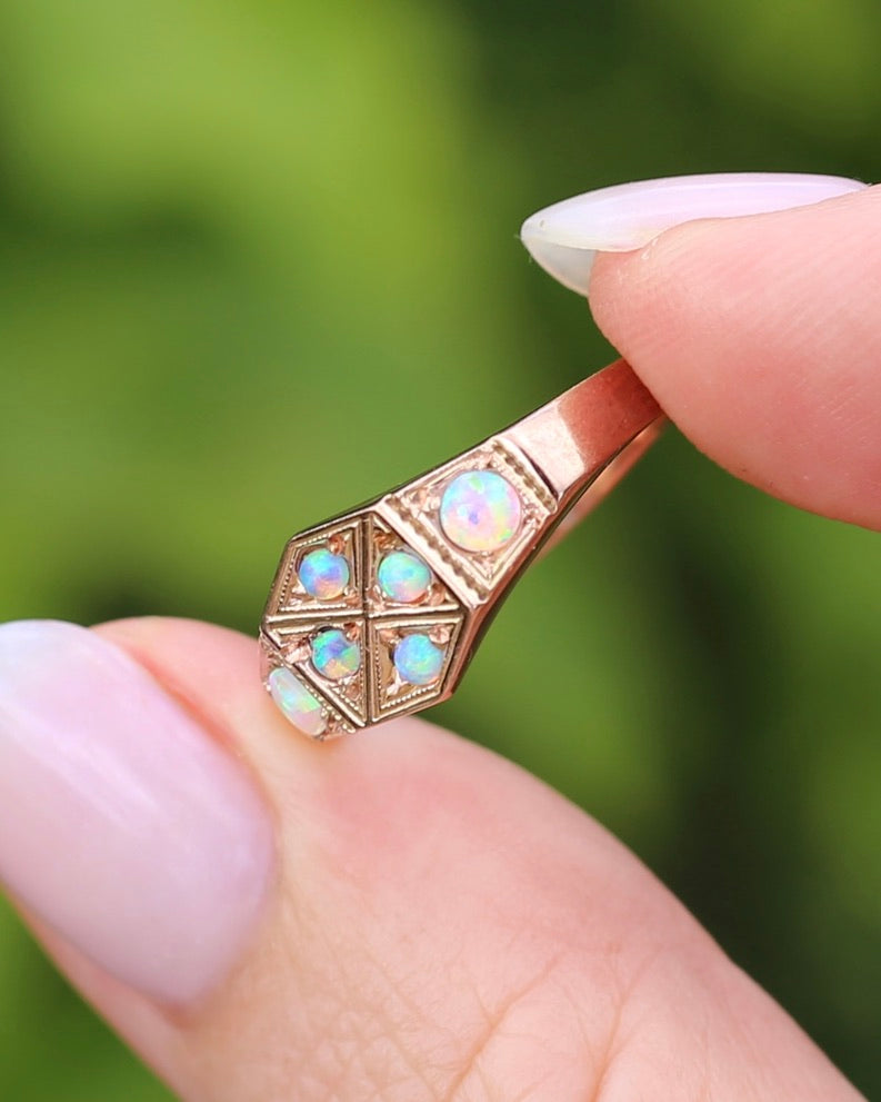 Outstanding Opals in Birmingham Made Rose Gold Shield Faced Ring, 9ct Rose Gold, size Q or 8.25, 2.57g