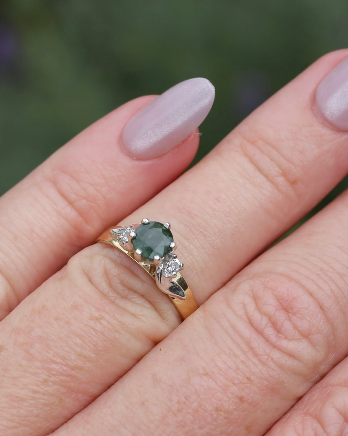 1ct Natural Green Sapphire Ring with White Spinel Side Stones, Silver and 9ct Yellow Gold, size M or 6.25, 2.1g