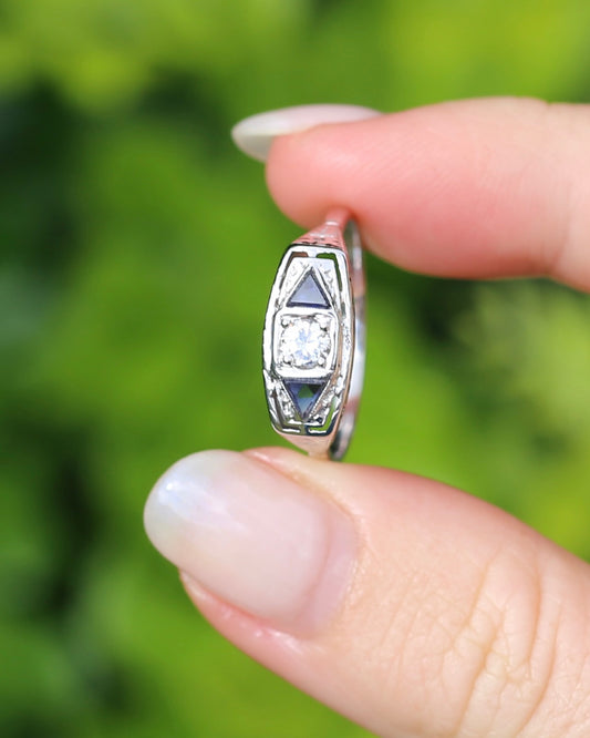 Art Deco Diamond and Sapphire Trilogy in Raised Handmade Engraved Floral Setting, 14ct White Gold, size U or 10 - offering free resize down to 7 or O, with valuation