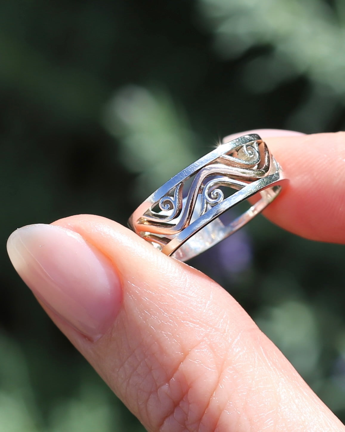 Silver and Rose Gold Filigree Swirl Band, Sterling Silver and 9ct Rose Gold, size P or 7.5 (fits more like an O)