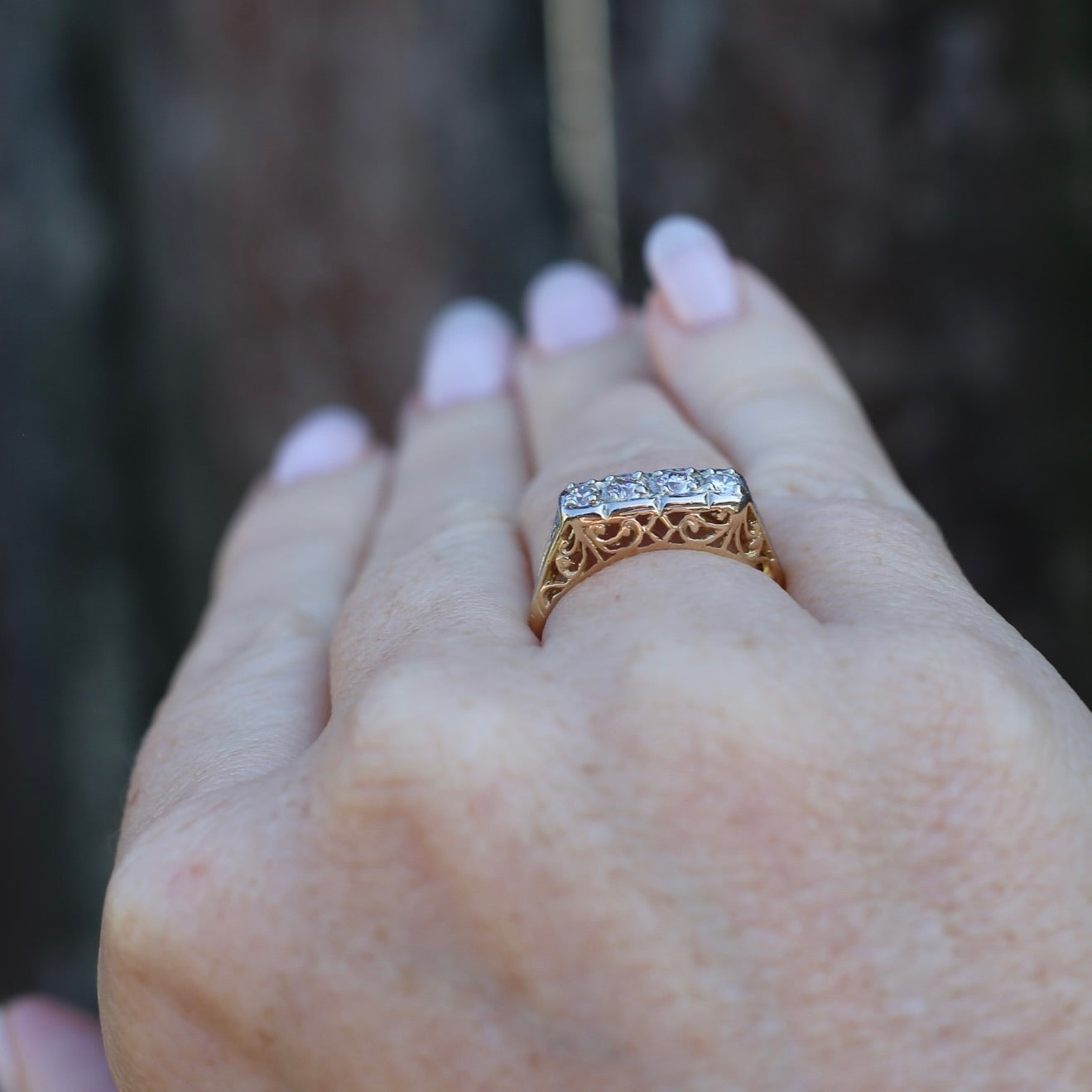 Circa 1915 4 Stone Transitional Cut Diamond Mixed Metal Ring, 18ct Yellow & White Gold, size N1/2 or 7, with valuation