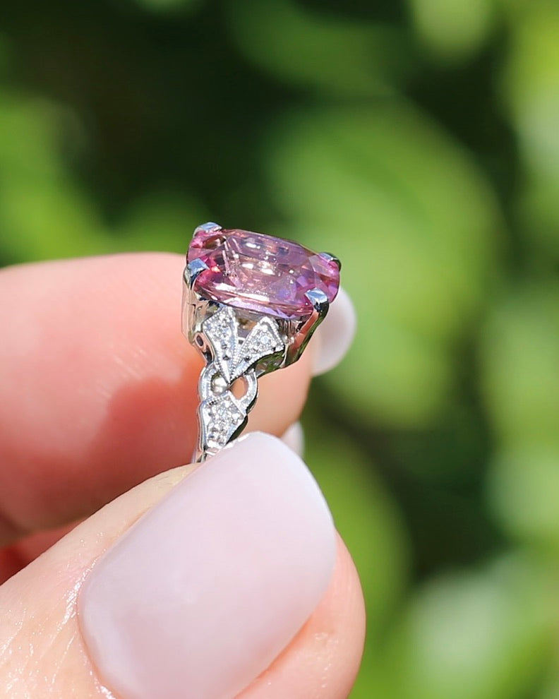 Pale Pink Tourmaline and Old Cut Diamond Shoulder Ring, 18ct White Gold and Platinum, size N or 6.75, 2.63g