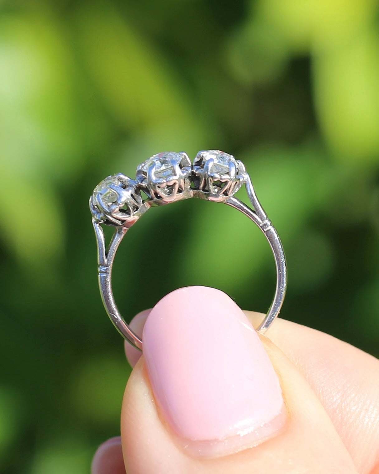 Circa 1930s Transitional Cut Diamond Trilogy with Kozibe Effect, Platinum, size L or 5.75, 2.68g, with valuation