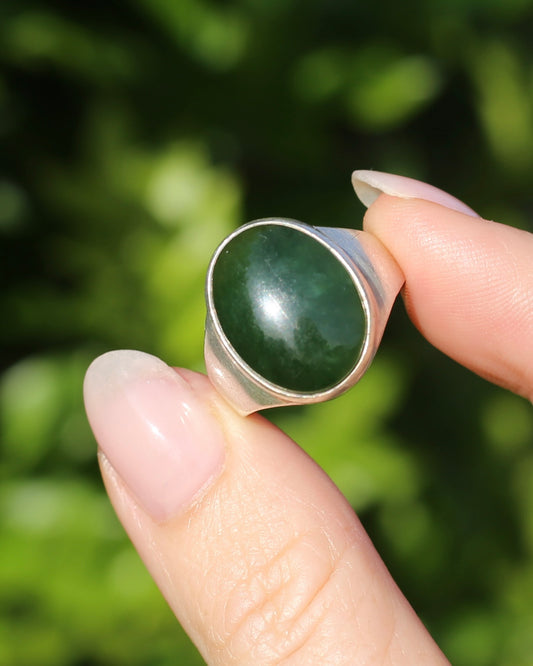 Vintage Bezel Set Nephrite Jade Cabochon Ring, Sterling Silver, size U1/2 or 10.25 (fits more like a T) 6.5g