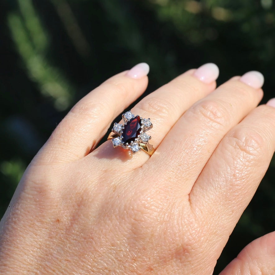 Viking feel Marquise Garnet With 6 Transitional Cut Diamonds, 18ct White and Yellow Gold, size N1/2 or 7