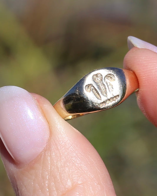 1984 Made Hand Carved Welsh Feather Signet Ring, 9ct Yellow Gold, size Q or just over 8, 2.45g