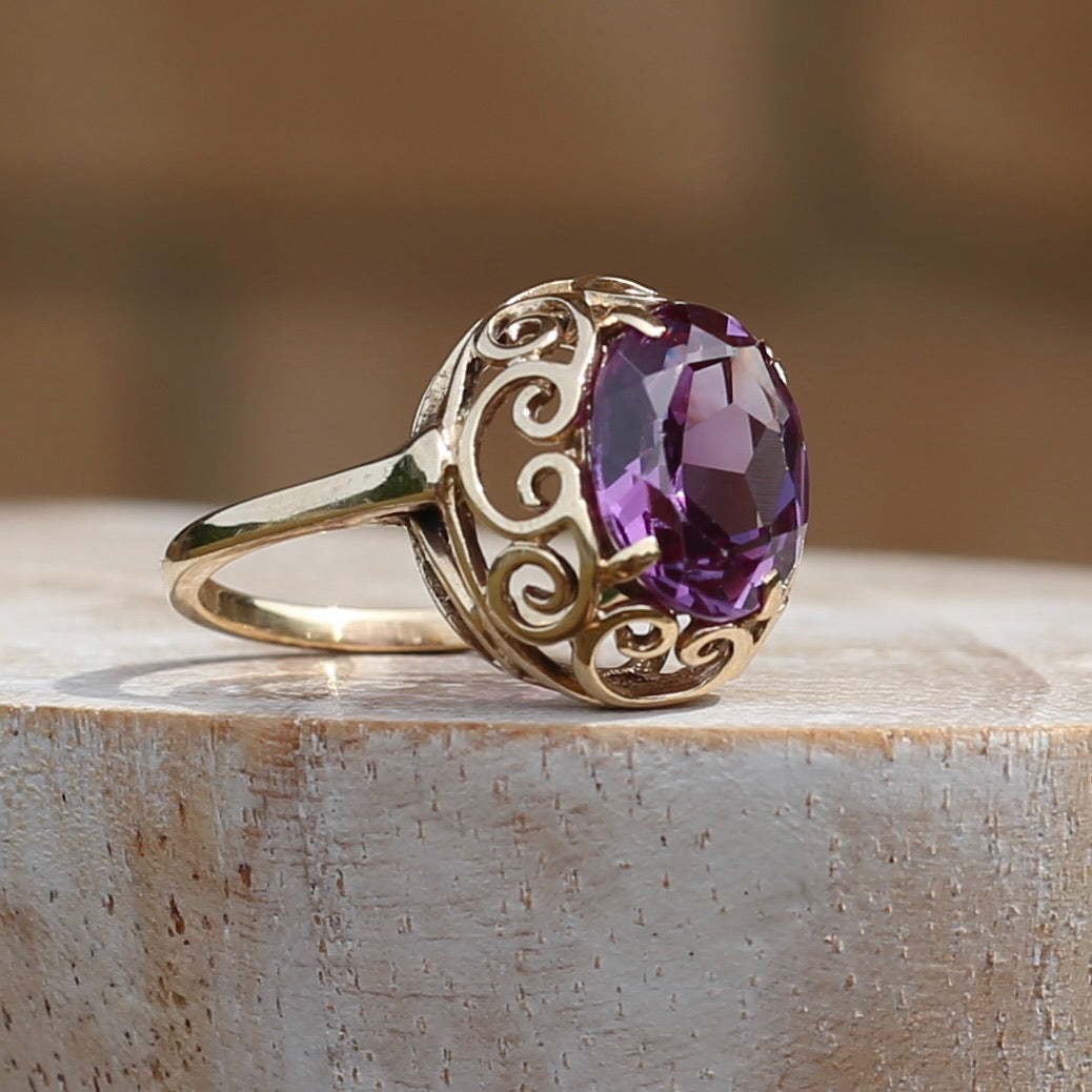 Synthetic Colour Change Purple Sapphire in Filigree Gold Ring, 10ct yellow gold,  size M1/2 or just under 6.5