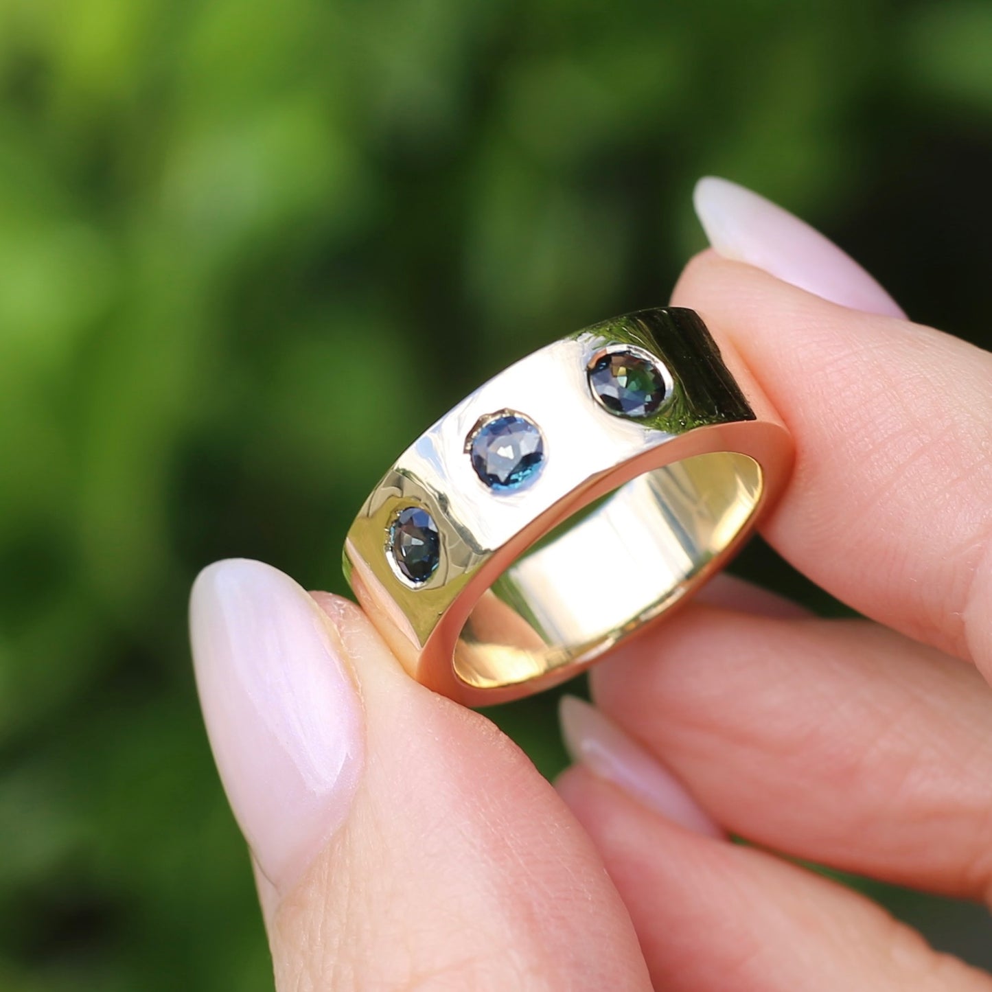 Custom Reclaimed Gold Chunky 9ct Rings with 4mm Parti Sapphires