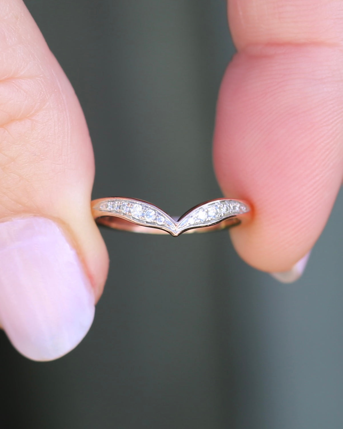 Bead Set Natural Diamond Wishbone Ring, 9ct Rose Gold, size J or 4.75, 1.7g