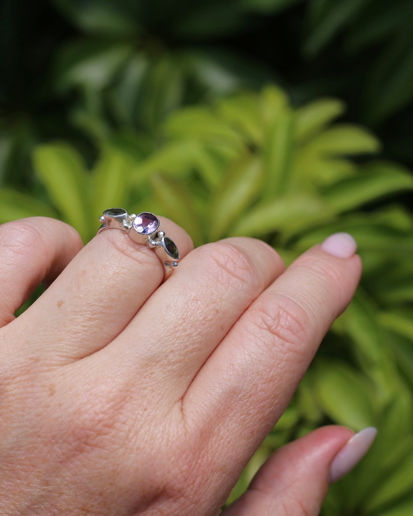Amethyst & Peridot Bezel Set Trilogy Ring, Sterling Silver, size N or 6.75, 2.7g
