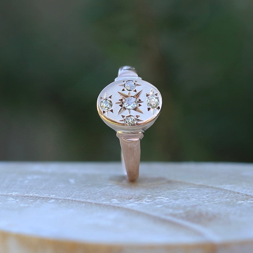 Early Australian Joseph Lawrence Signet Ring, Star Set with 5 Old Cut Diamonds, size T or 9.5