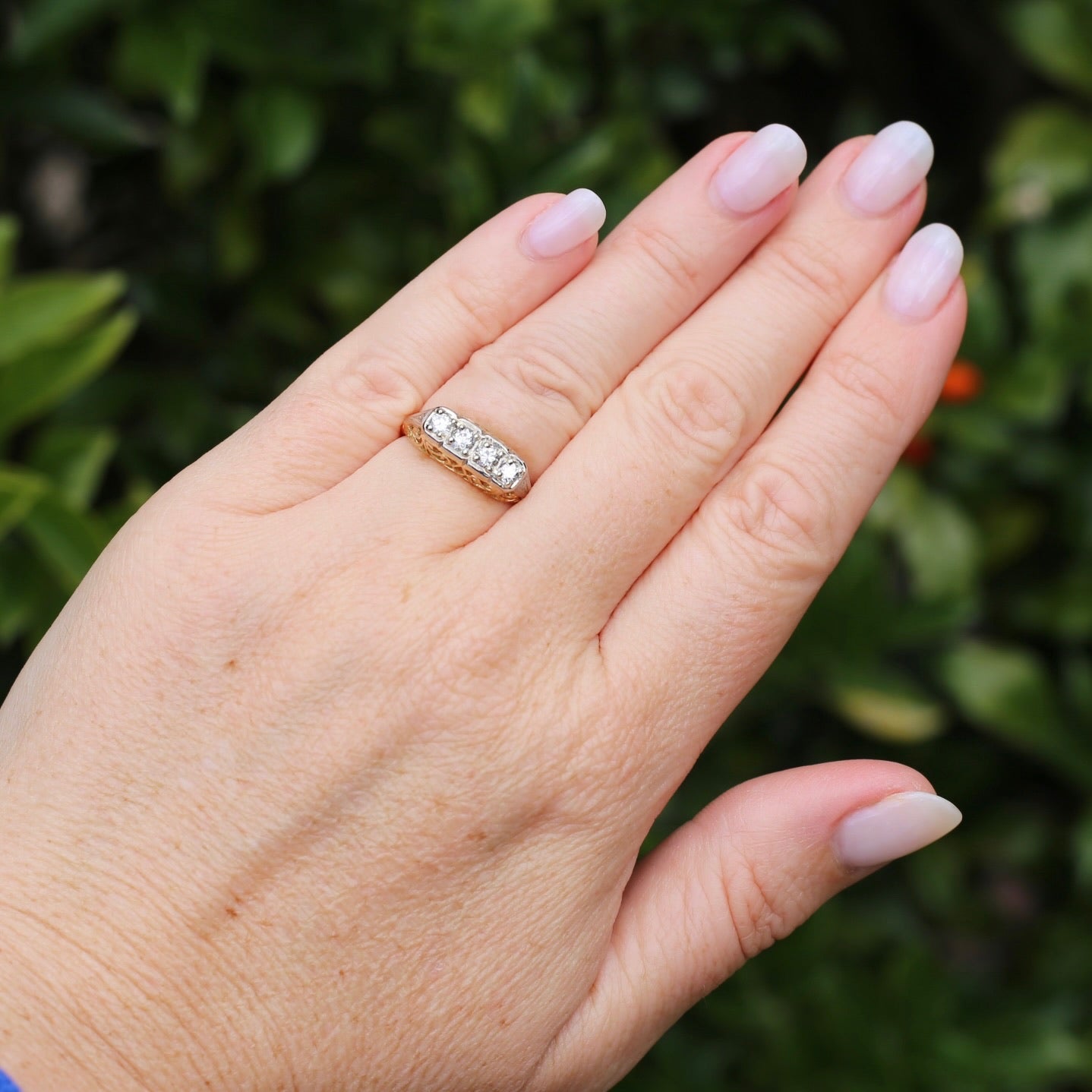 Circa 1915 4 Stone Transitional Cut Diamond Mixed Metal Ring, 18ct Yellow & White Gold, size N1/2 or 7, with valuation