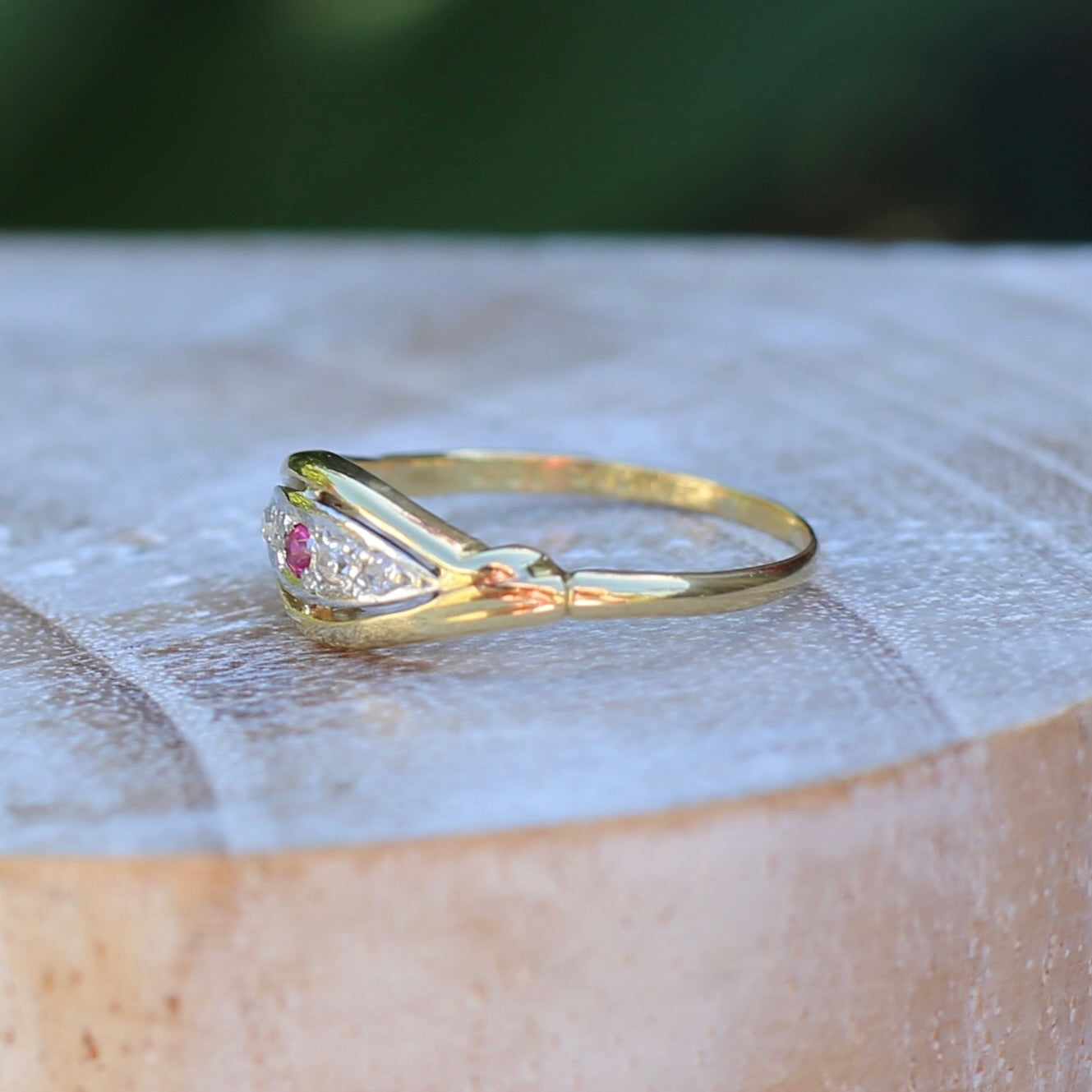 Antique Boat Ring with Four Old Cut Diamonds and an Old Cut Pink Topaz, 18ct Yellow and White Gold, size 7 or N1/2