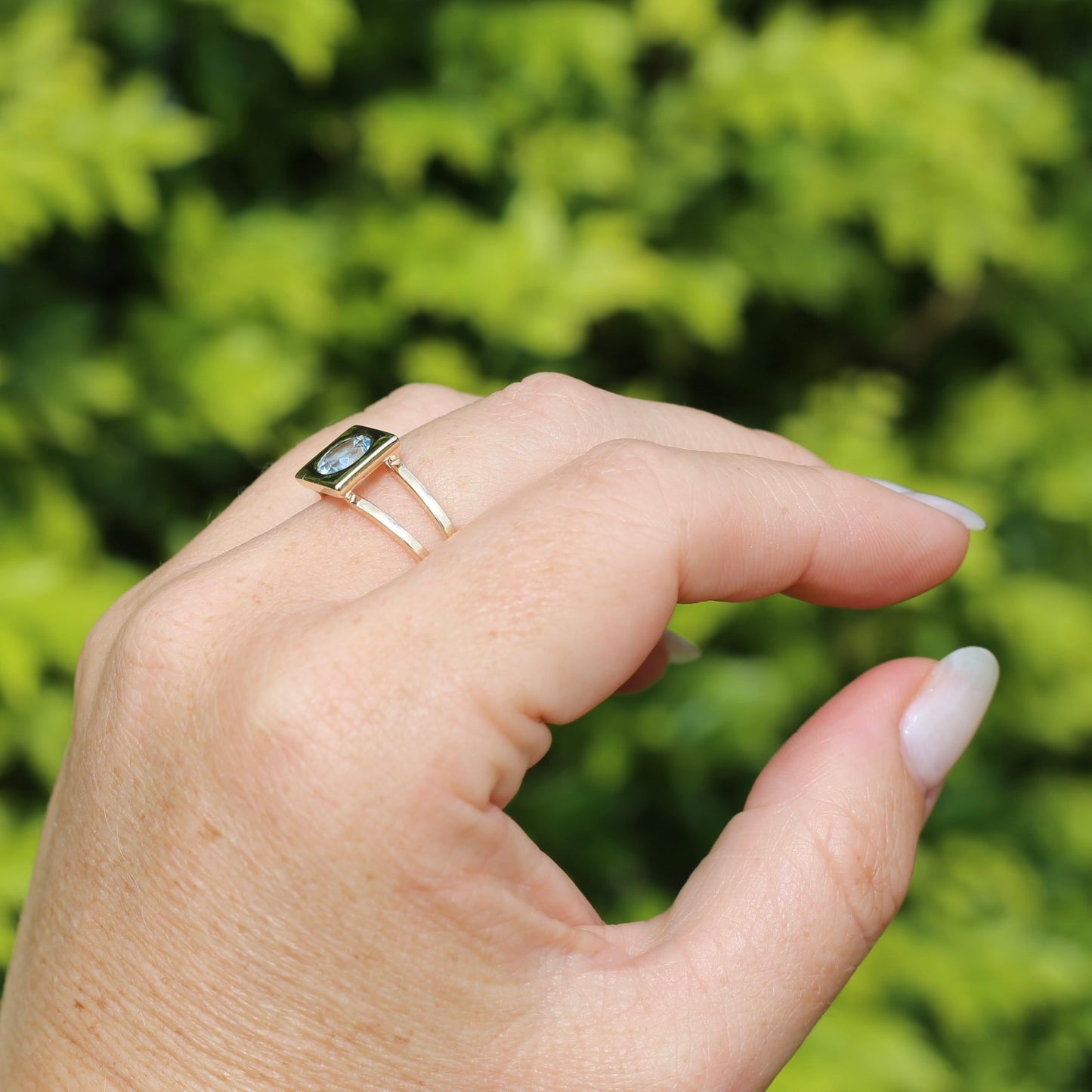 Bezel Set Square Face Blue Zircon Ring on Split Band, 9ct Yellow Gold, fits like size R or 8.5