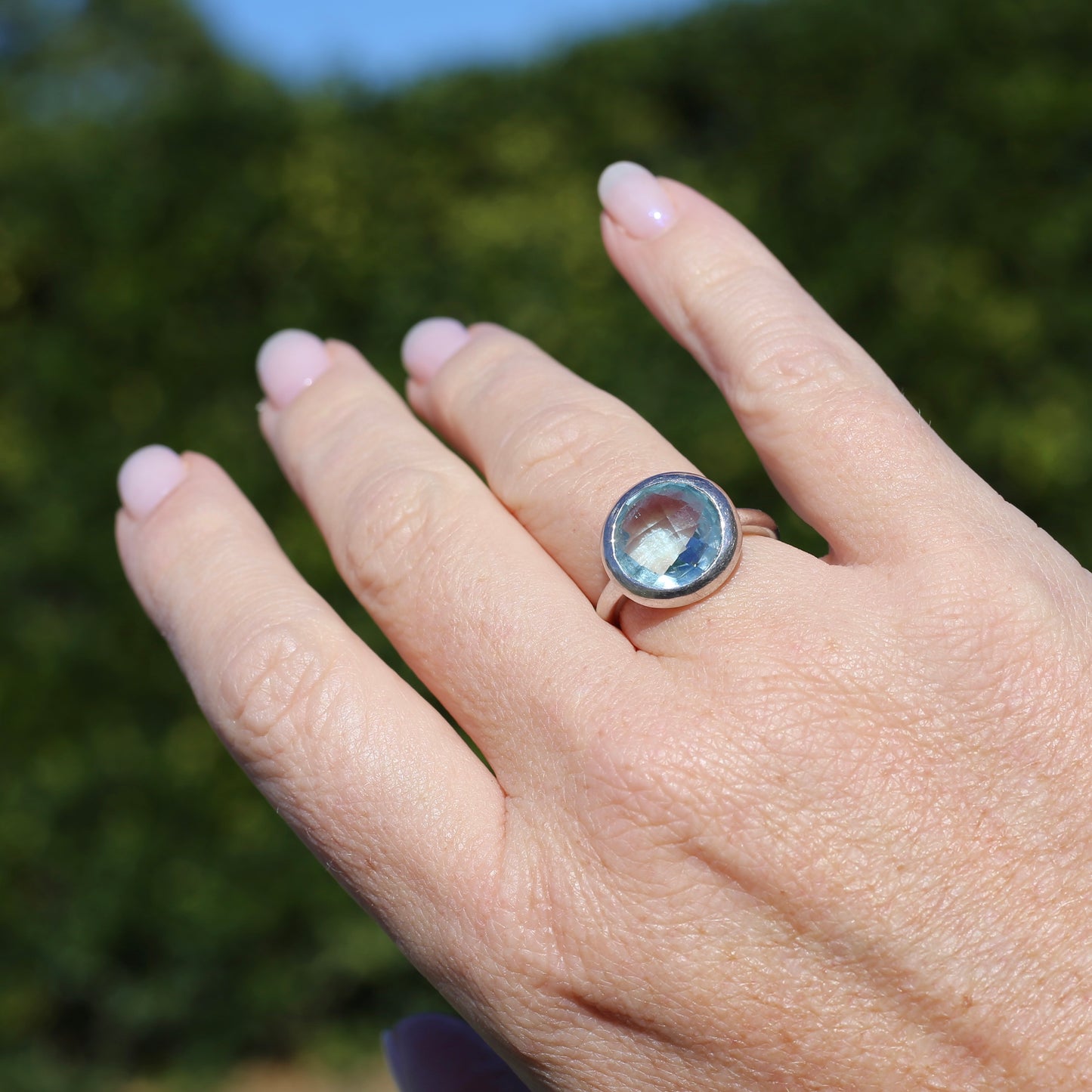 Bezel Set Harlequin Cut Blue Topaz Ring, Sterling Silver, size O or 7.25 (fits bigger)